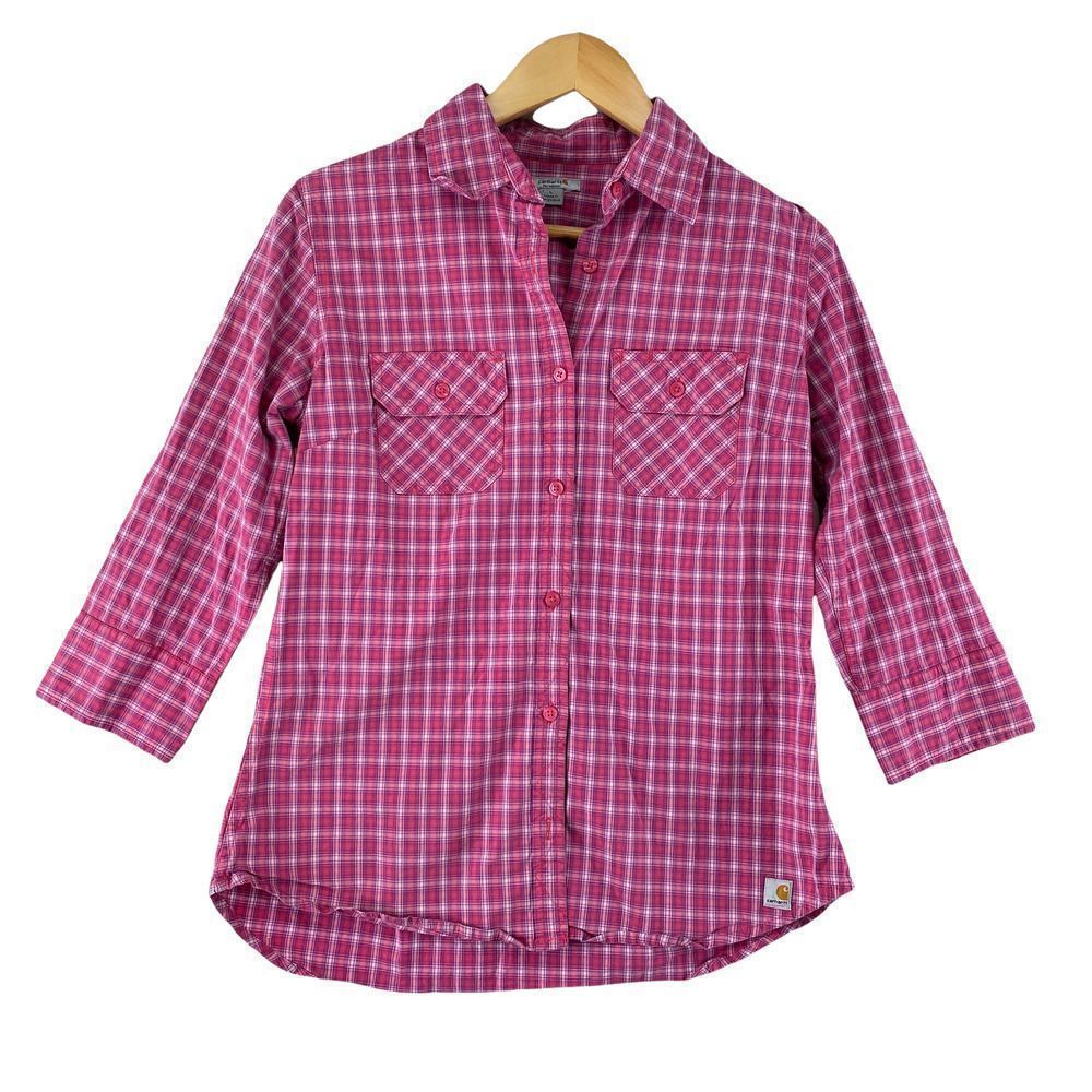 Carhartt Button Front Work Shirt Womens Large 12/14 Pink Plaid Cotton Western